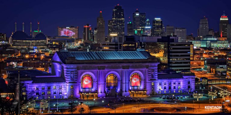 union station Kansas City nighttime facade