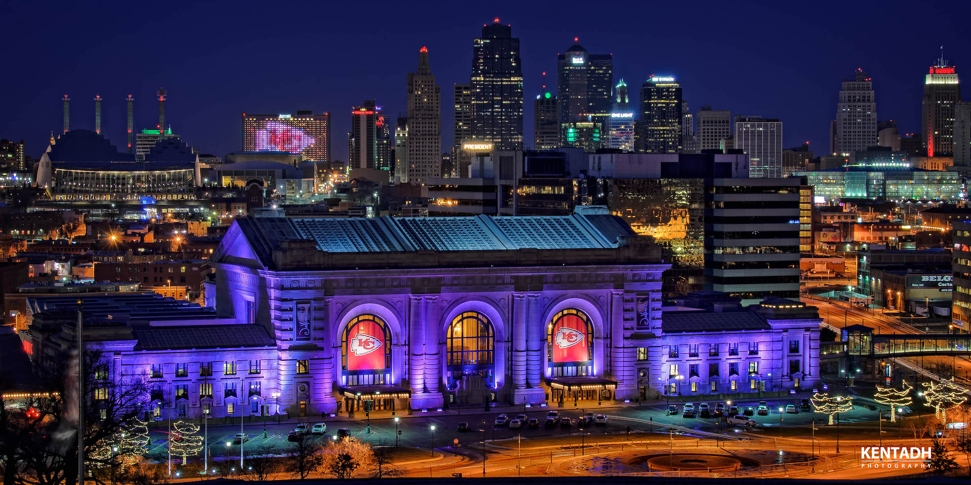 union station Kansas City nighttime facade