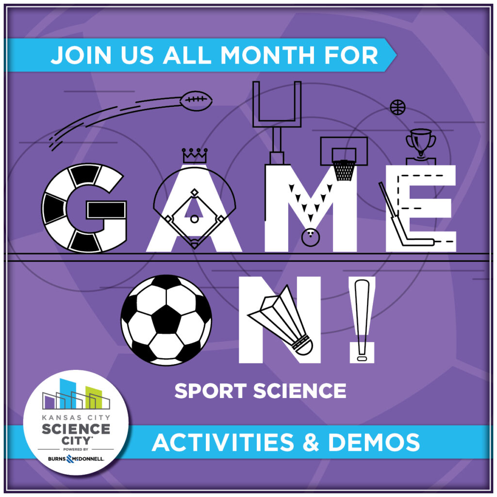 Poster for Science City's June 2026 theme, "Game On!" Featuring various sports themed iconography.