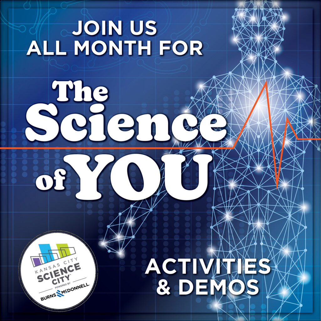 Poster for Science City's July 2026 theme, "The Science of You." Featuring a human body made out of nodes of light or electricty.