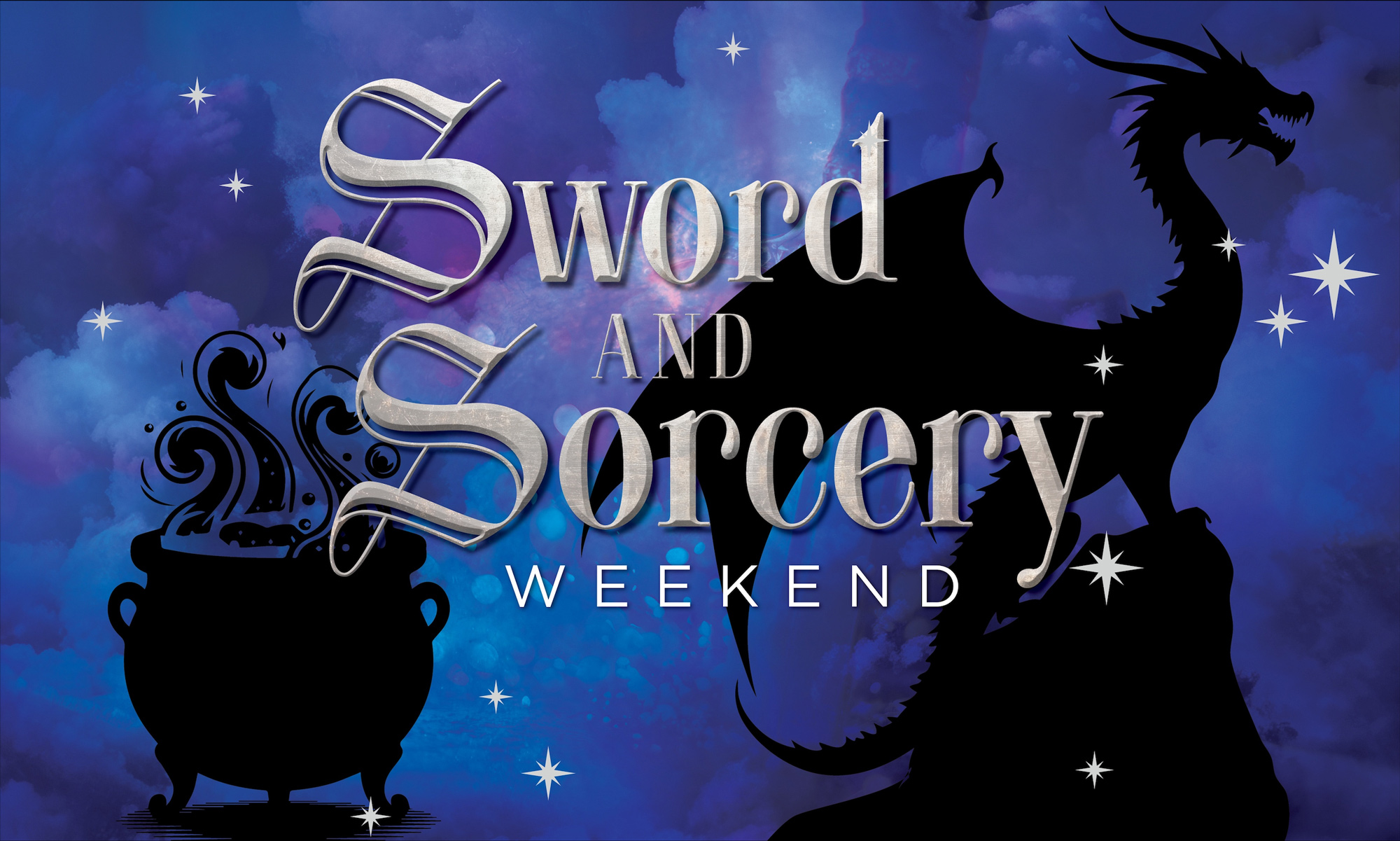 Header imagoe for Sword and Sorcery weekend. Featuring the words "Sword and Sorcery Weekend" on top of a picture of a bubbling cauldron and a dragon.