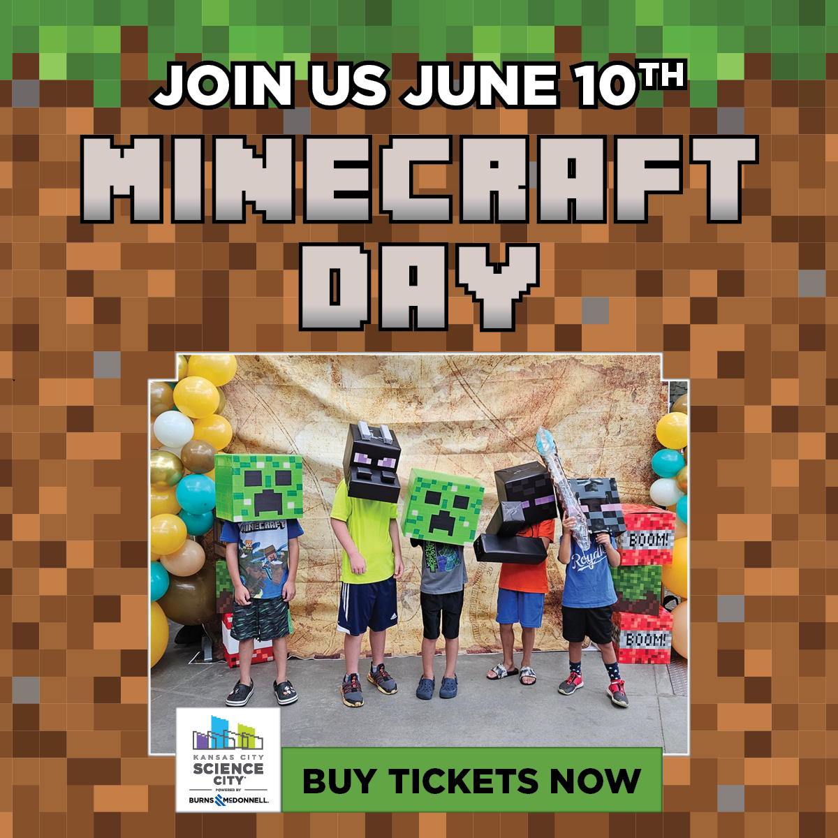 Featured image for Minecraft Day 2026. Saying "Join us June 10th" with a picture of children dressed up as Minecraft characters.