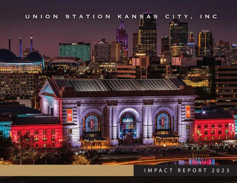 Union Station exterior at night with the city scape in the background