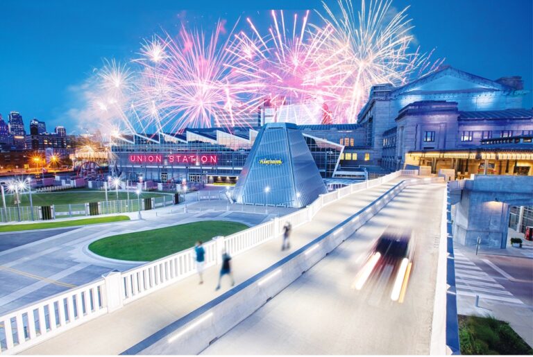 Union Station exterior with fireworks overpass