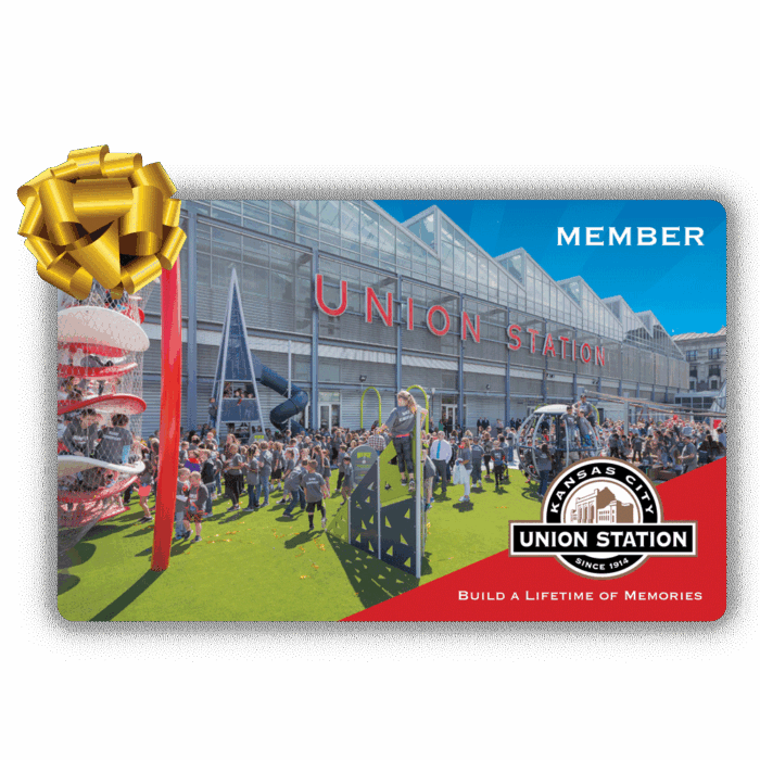 Image showing a Union Station membership card with a bow attached to the top left corner.
