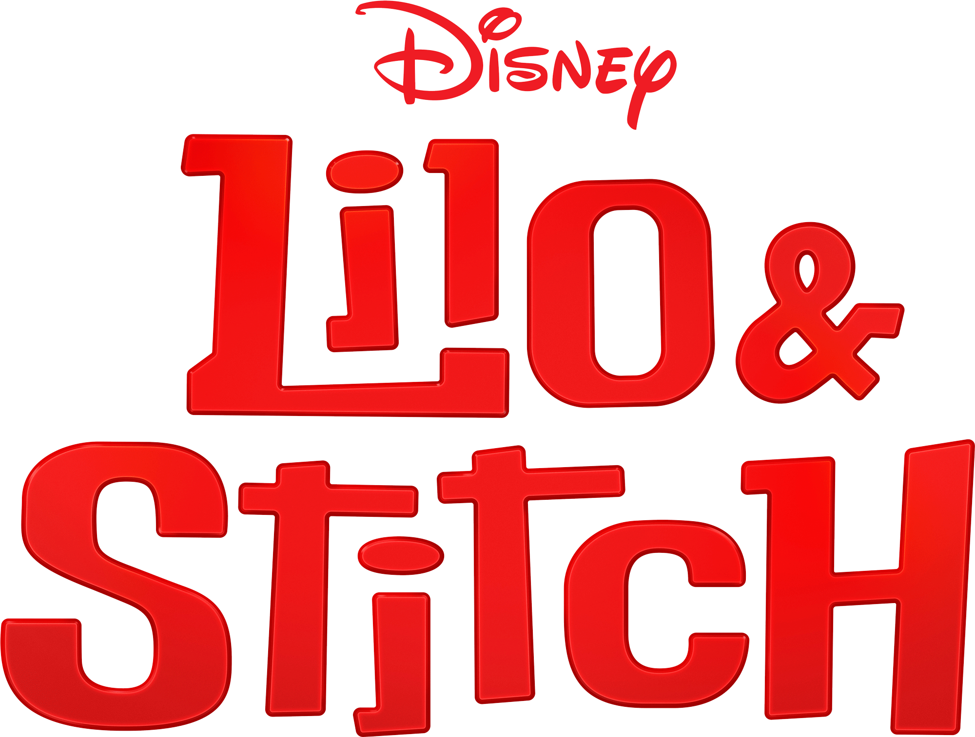 This image is the logo for the 2025 live-action version of Lilo and Stitch. It says the name of the movie in a red colored font.