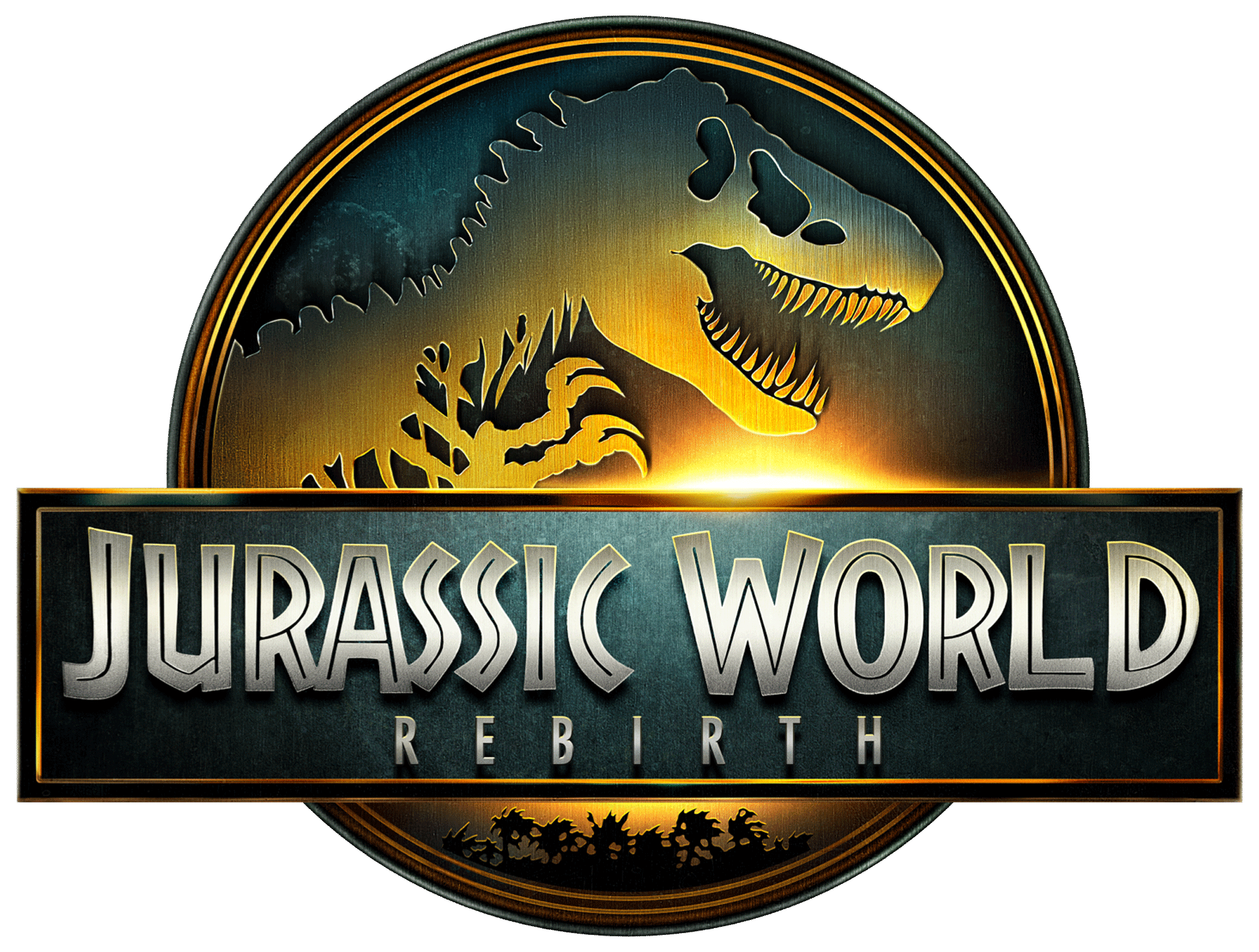 Logo for Jurassic World Rebirth showing the name of the movie against a T-Rex skeleton