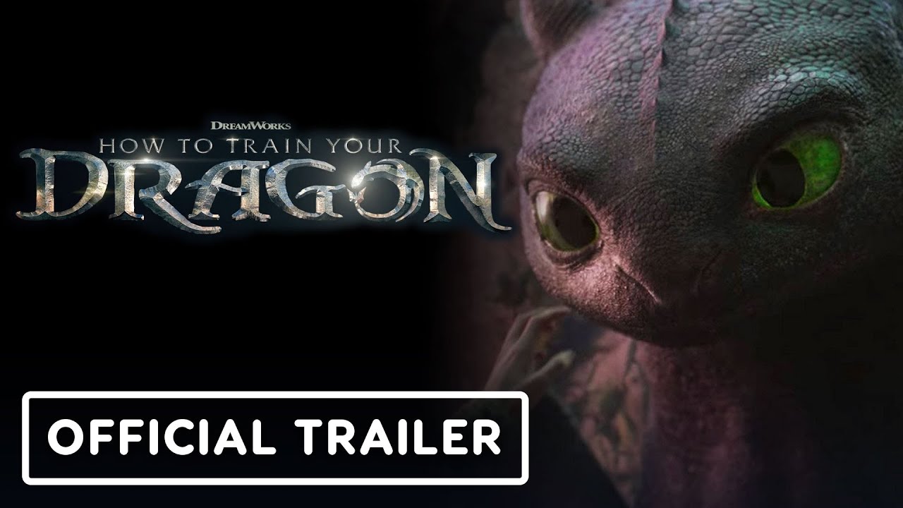 Trailer image for How to Train Your Dragon showing a closeup on the face of the dragon Toothless.