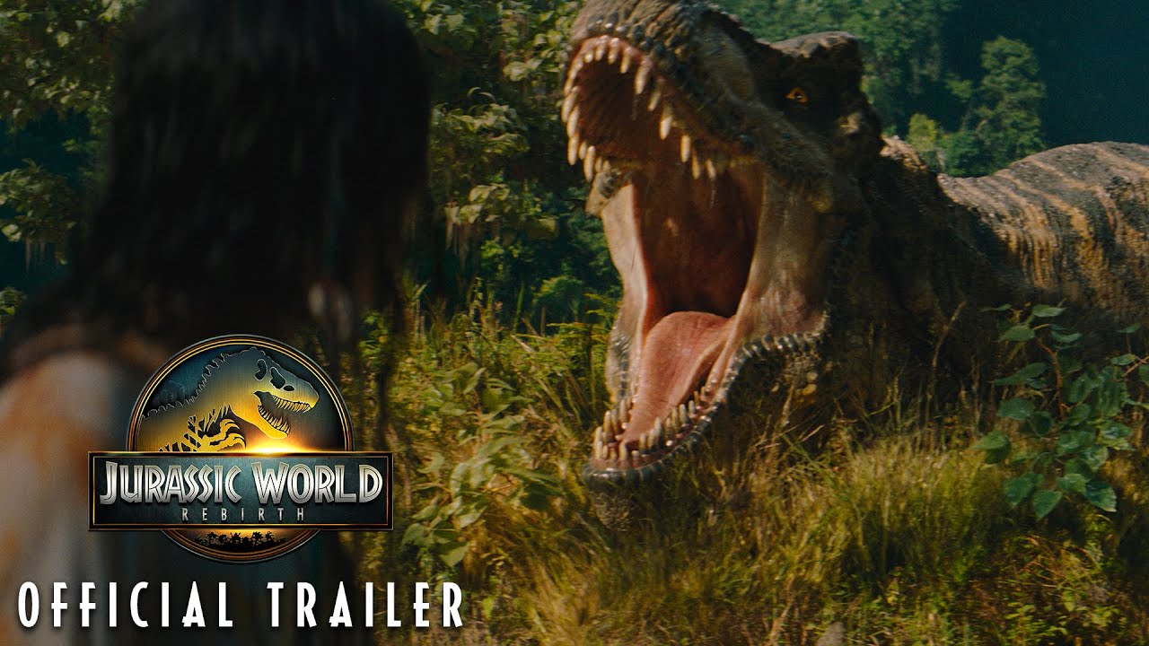 Trailer Image for Jurassic World Rebirth showing a dinosaur lunging at a character.