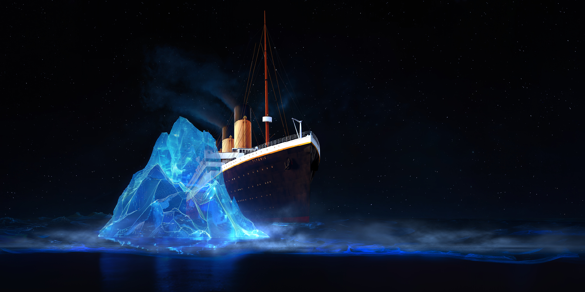 Slider for Titanic: An Immersive Voyage showing the ship next to an iceberg