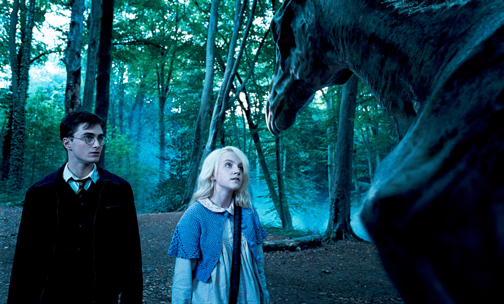 Still image from Harry Potter and the Order of the Phoenix showing Harry and Luna as they look at a thestral