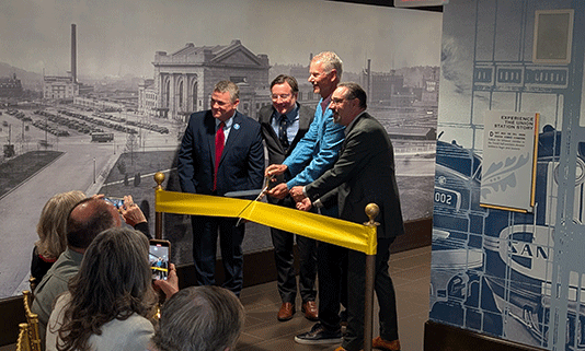 Photo from the ribbon cutting of the Street Car Exhibit at Union Station. Showing Tom Gerand, Will Gregory, Ray Kowalik and George Guastello