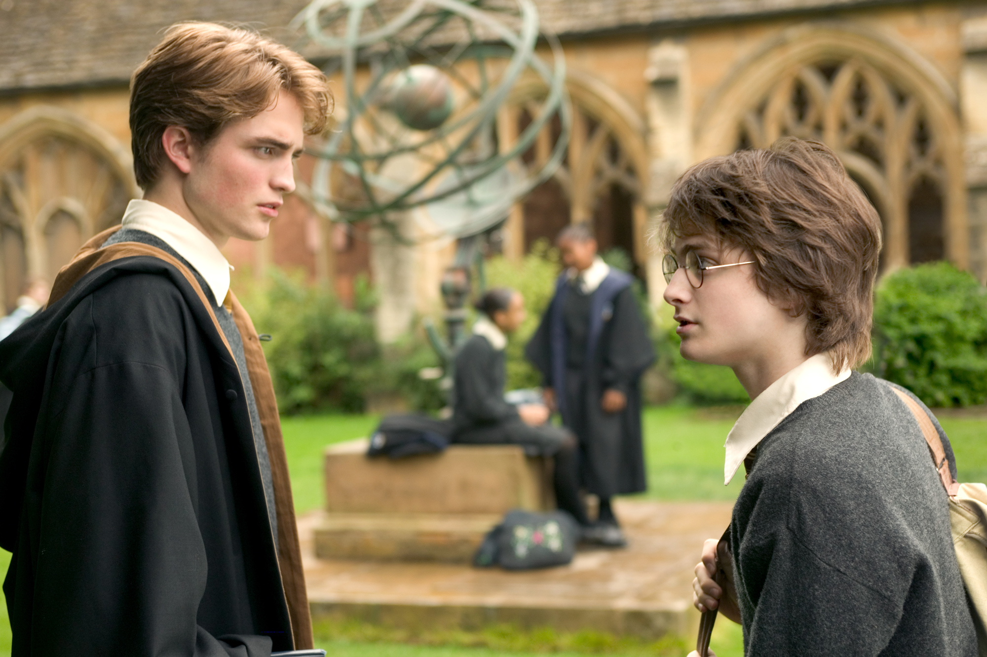 Image from Harry Potter and the Goblet of Fire showing Harry and Cedric Diggory talking.