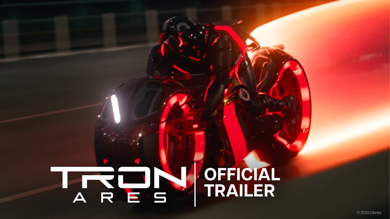 Image for the Tron: Ares trailer showing a rider on a light bike.