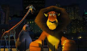 Still image from Madagascar featuring a lion, giraffe, and hippo.