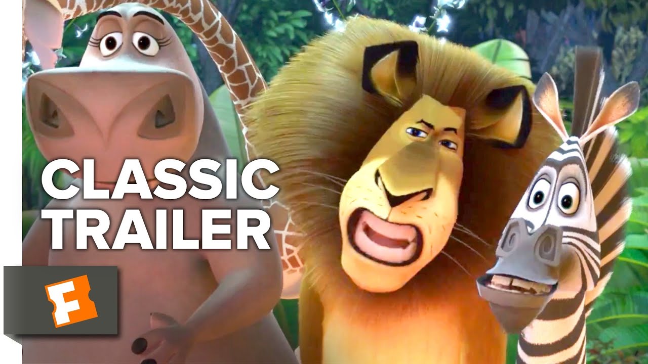 Trailer image from Madagascar showing a lion, hippo, and zebra.