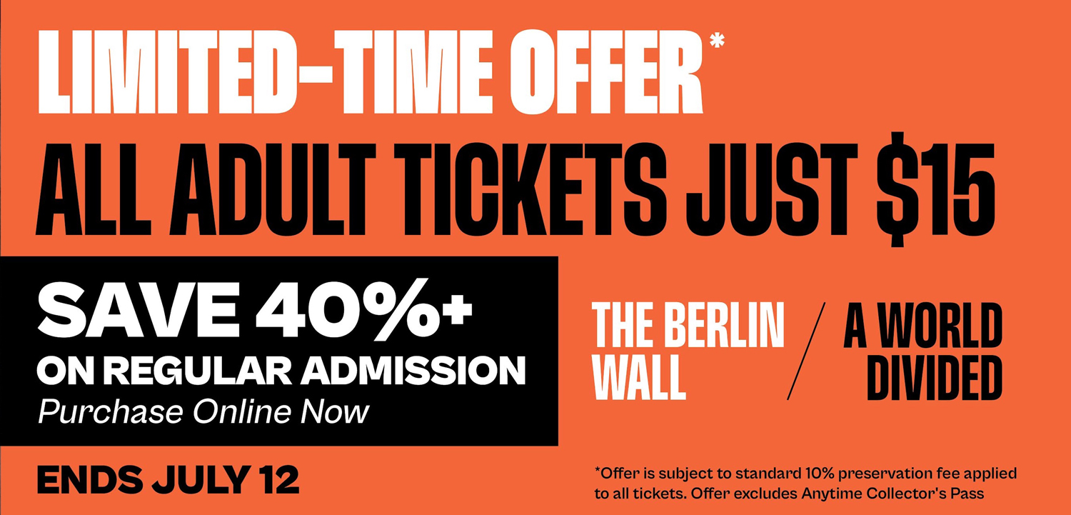 Promotional Graphic for the $15 for 15 days promotion. All adult tickets for only $15 until July 12, a savings of 40% on regular admission.