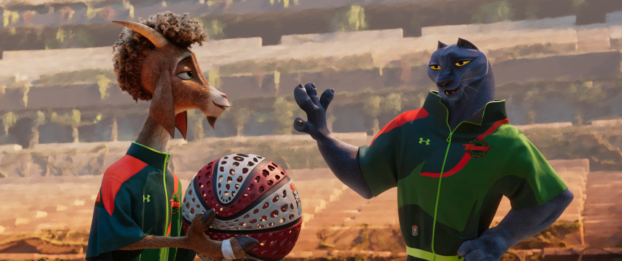Still Image from GOAT showing the main character Will talking to a panther team mate.