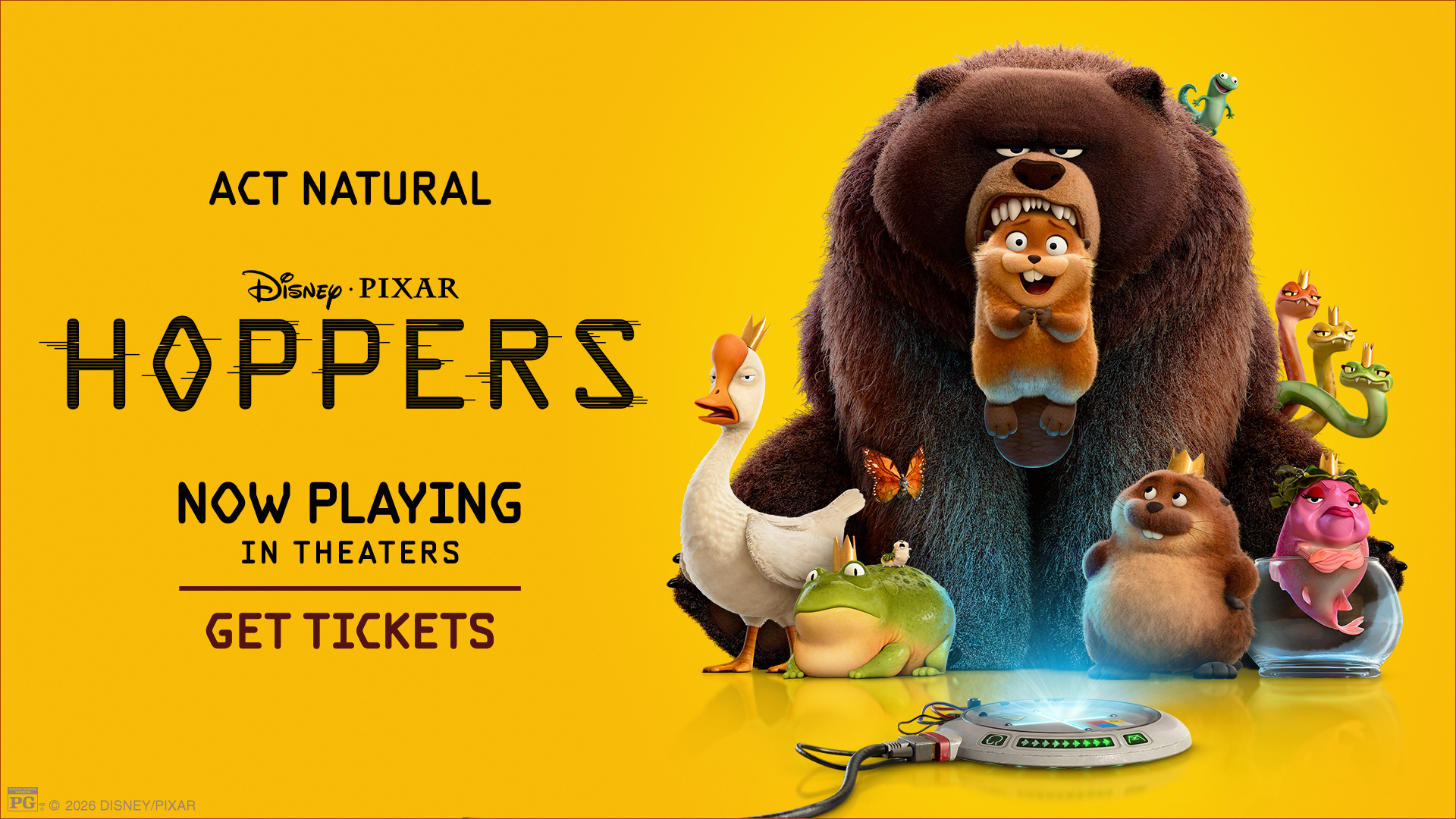 Movie poster for Hoppers. Showing multiple woodland creatures from the movie.