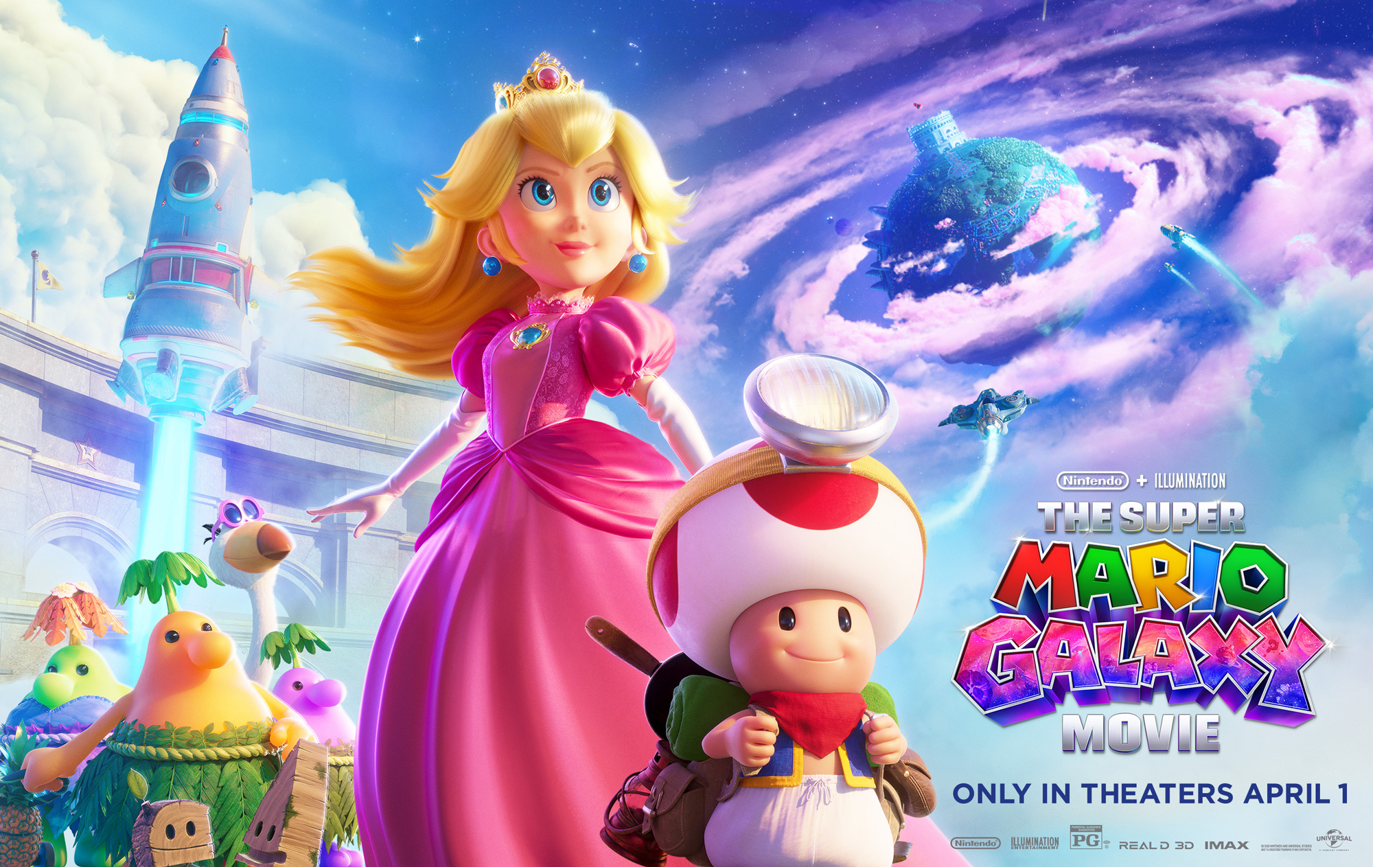 Poster for Super Mario Galaxy. Featuring Princess Peach and Toad, with a planet in the sky behind them and various characters around them.