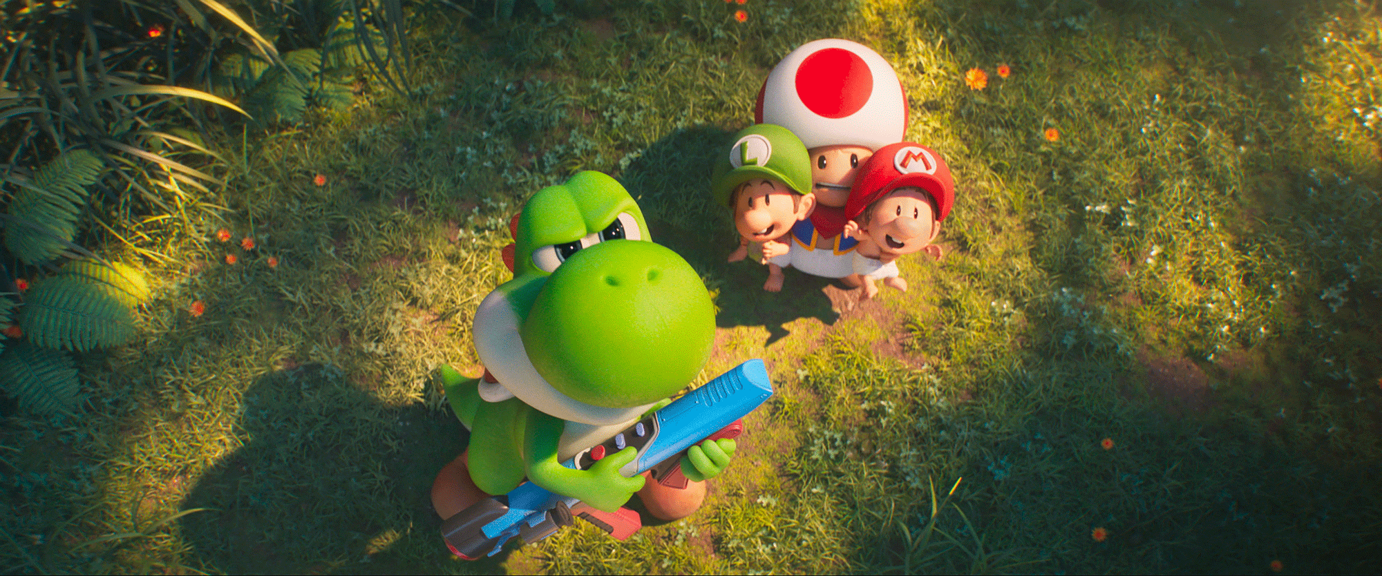 Still image from Super Mario Galaxy. Featuring Yoshi, with Toad holding baby Mario and baby Luigi.