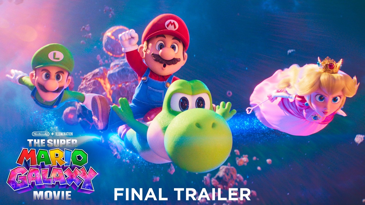 Trialer image for Super Mario Galaxy. Featuring Luigi, Mario, Yoshi, and Princess Peach flying through space.