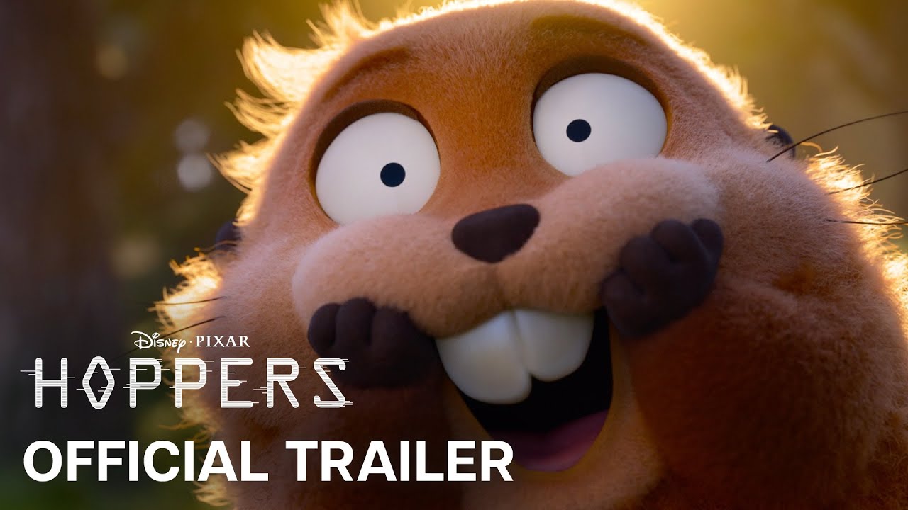Trailer image for Hoppers. Showing a beaver with the logo for the movie over top, and the words Official Trailer.