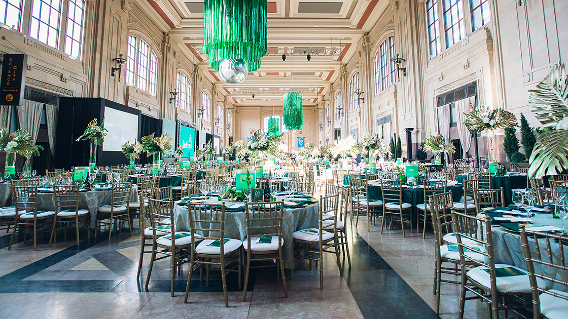 Grand Plaza set up in all emerald for an event.