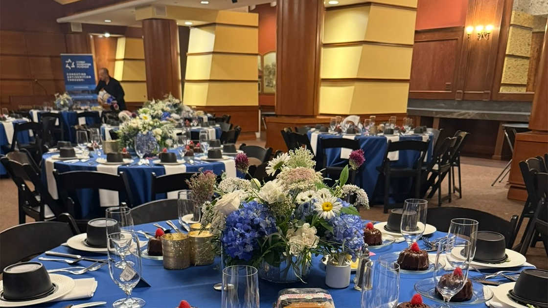 Arthur Stilwell set-up for an event with a blue motif.