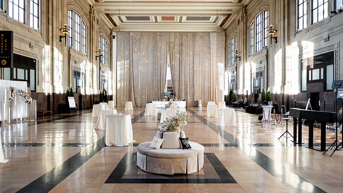Grand Plaza set-up for a WedKC Cocktail hour event.