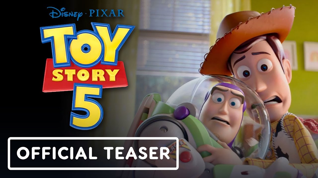Trailer image for Toy Story 5 featuring Buzz and Woody with the words, "official trailer" over them.