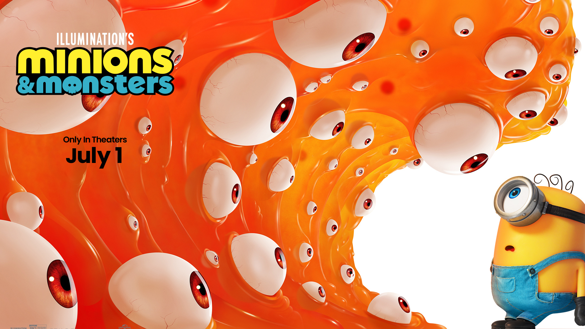 Digital poster for Minions and Monsters. Featuring a minion and a giant orange monster covered in eyeballs.