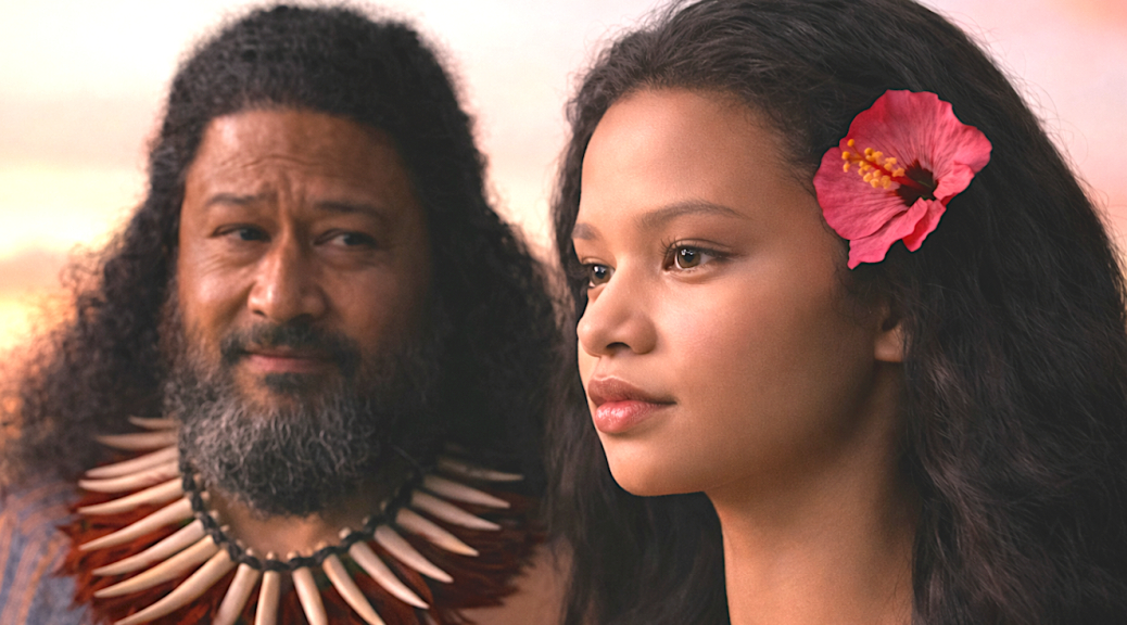 Still image from Moana showing Moana and her father.