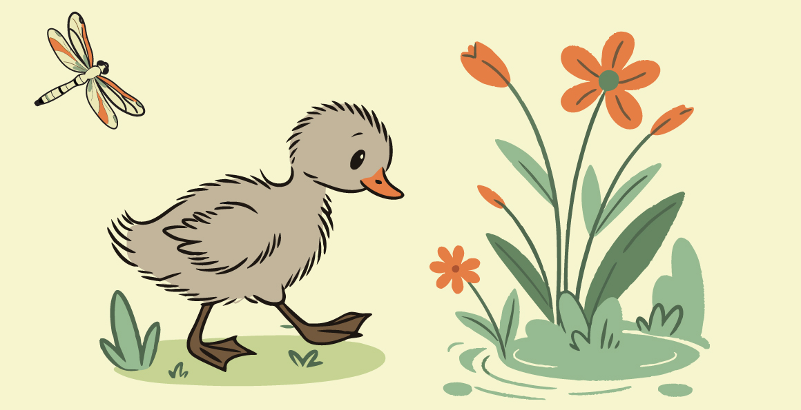 Promotional Image for the Ugly Duckling. Showing a sad duck walking by some plants.