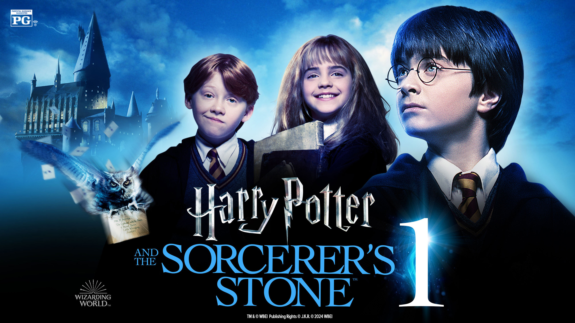Poster for Harry Potter and the Sorcerer's Stone featuring the 3 main characters Harry, Ron and Hermione.