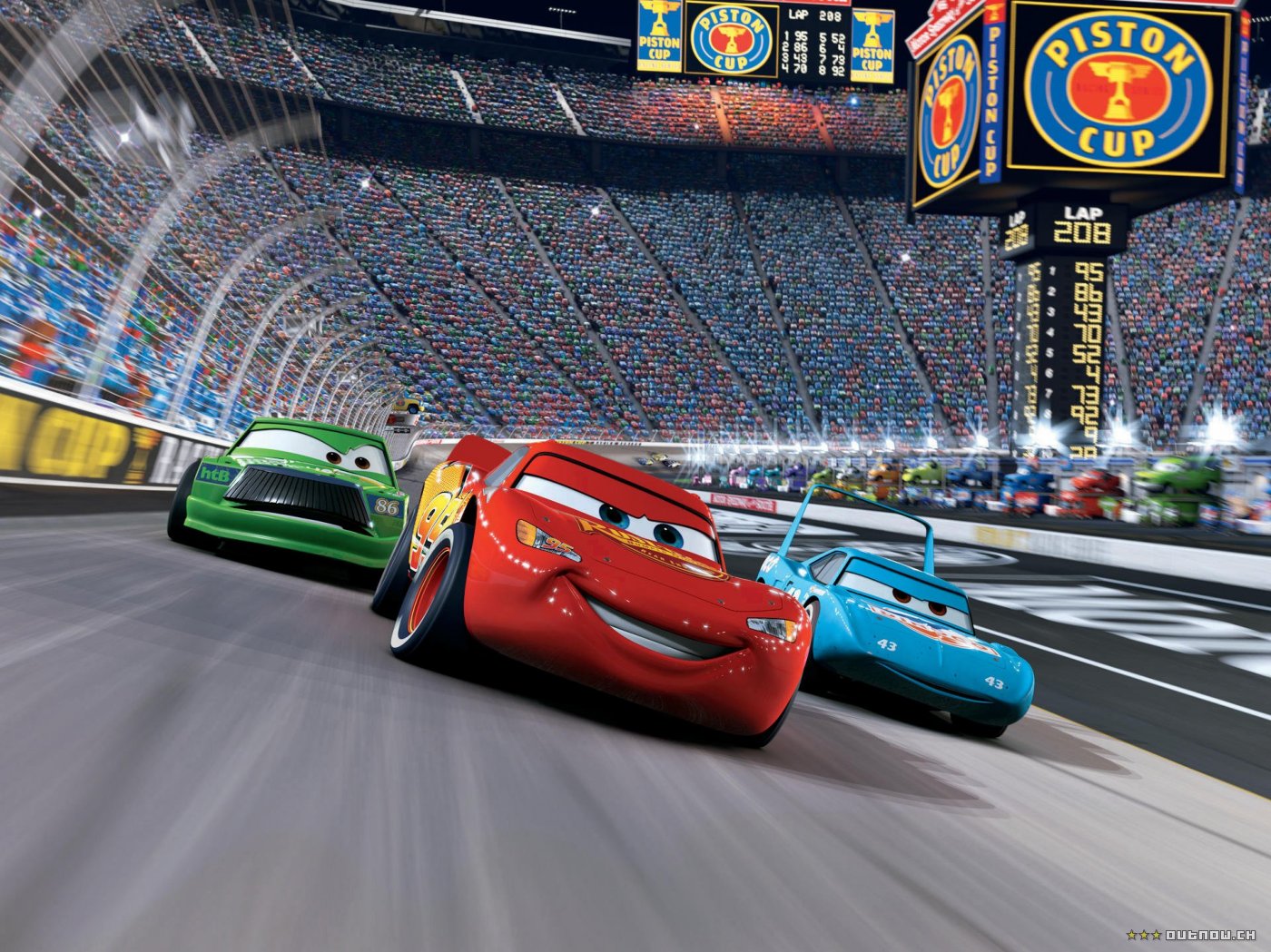 Image from Cars, showign Lightening McQueen racing around a track.